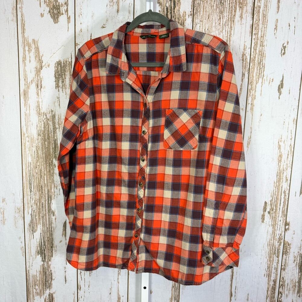 Eddie Bauer Orange and Blue Plaid Flannel Button Down Shirt. Size XL.